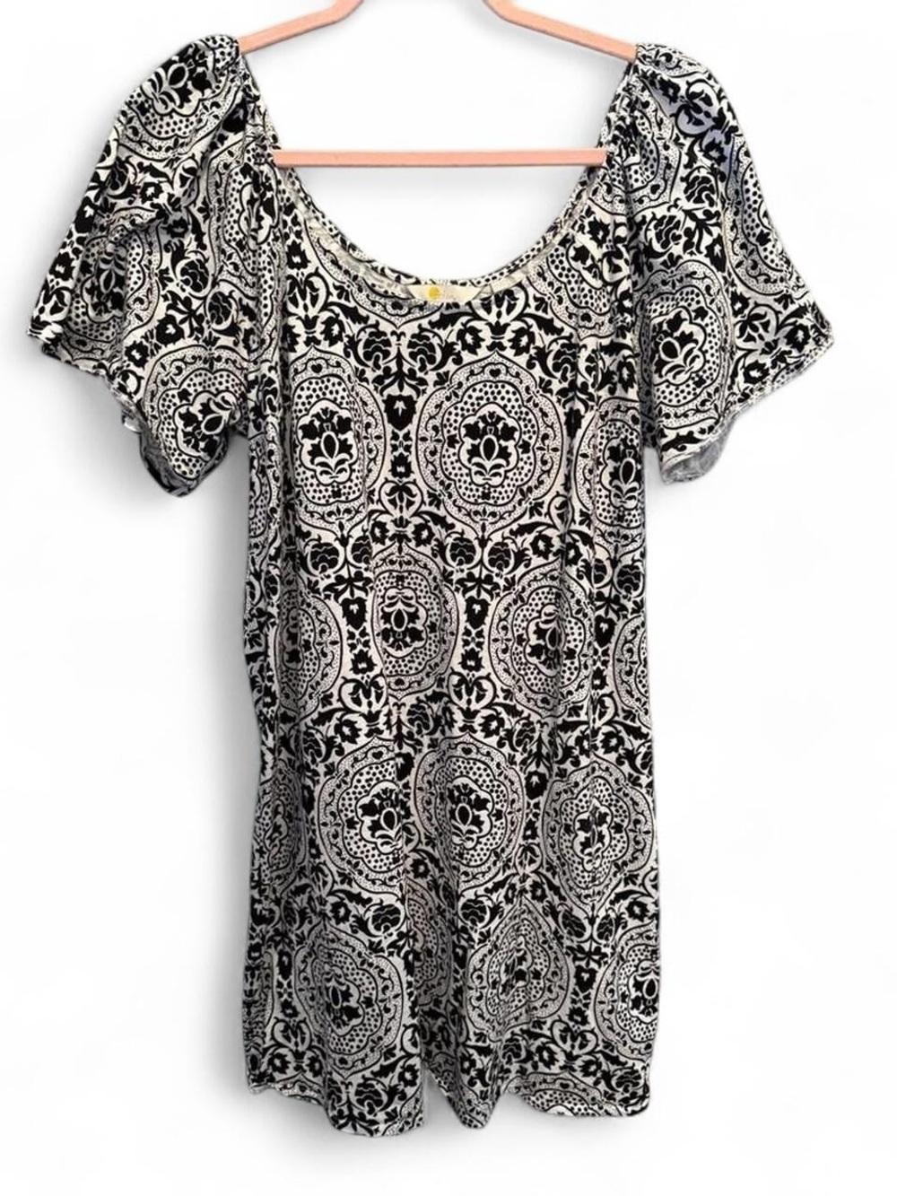 Boden Scoop Neck Jersey Mini Dress in Black Exotic Tile Geometric Boho Size 12